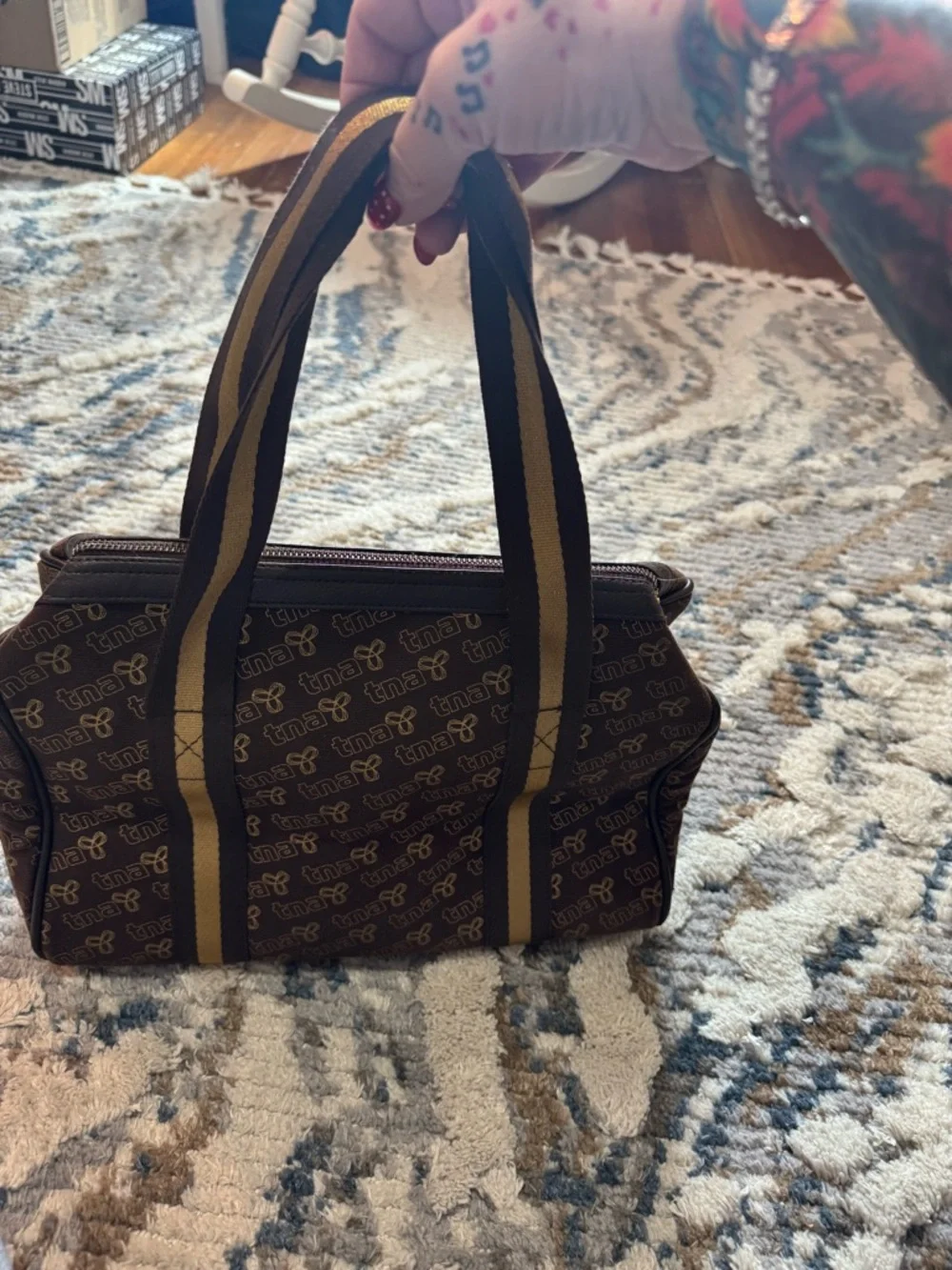 TNA Brown Barrel Tote with Striped Mustard Handles - Picture 9 of 9